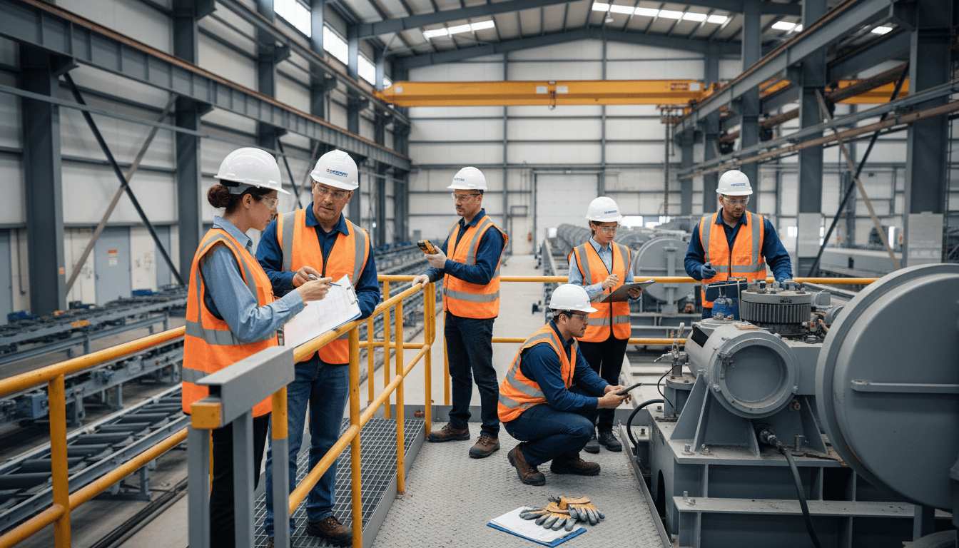 Safety consultant team in protective gear inspecting industrial equipment and machinery during on-site hazard assessment at manufacturing facility
