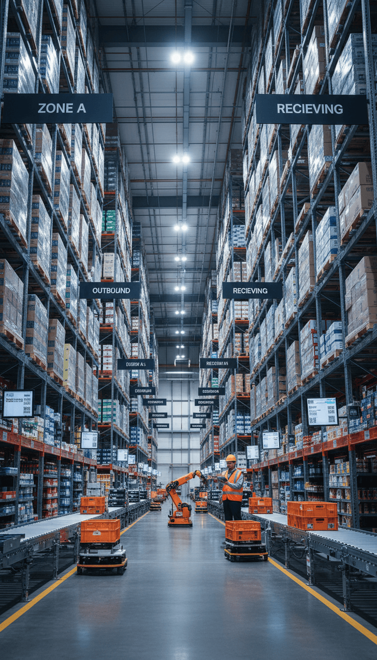 Tall warehouse shelving packed with organized product inventory, featuring warehouse worker performing distribution operations