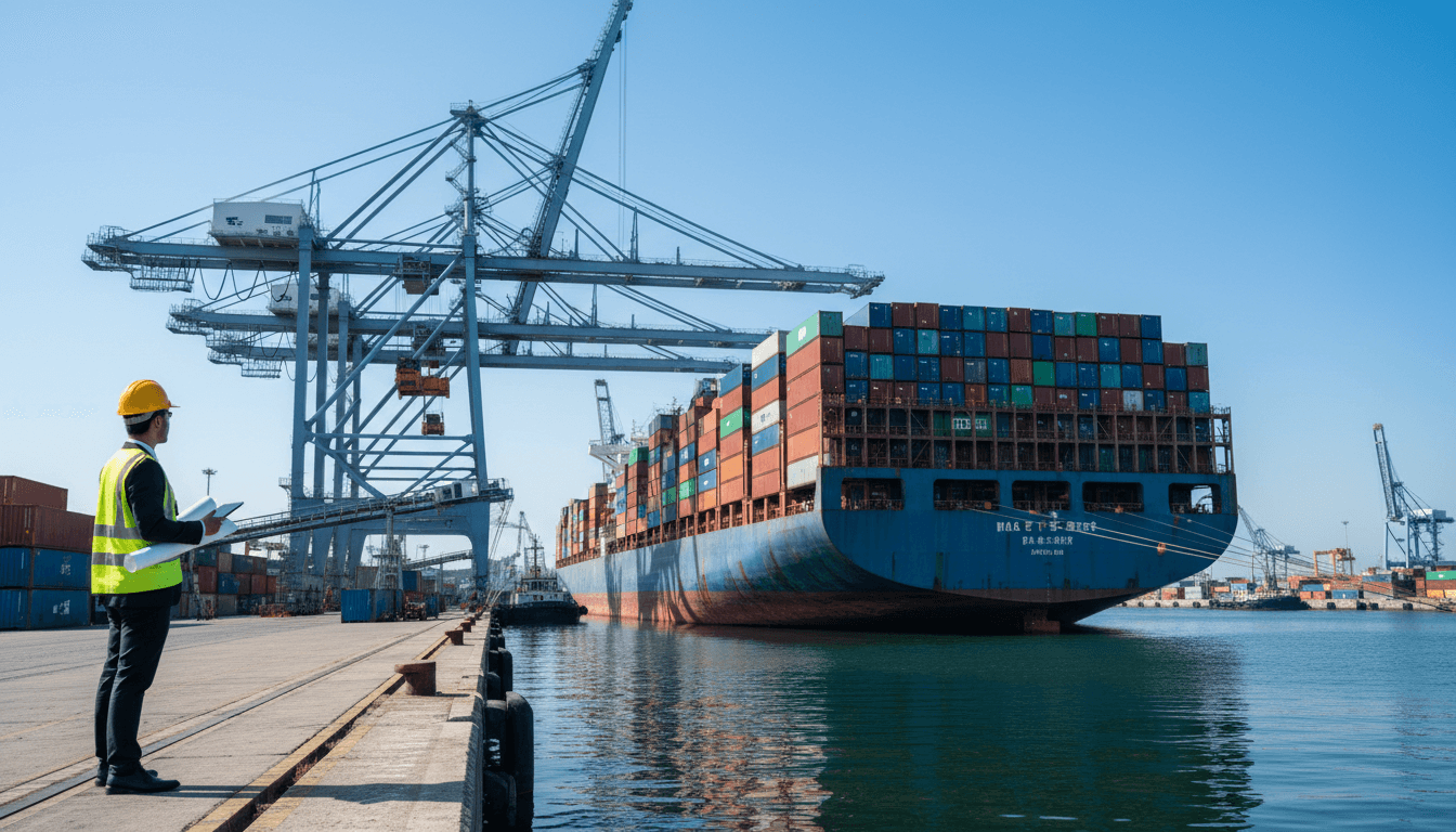 Large containerized freight ship at port with stacked shipping containers and professional coordinator reviewing documents.