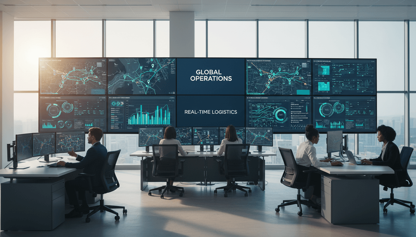 Diverse team monitoring real-time location tracking data across multiple computer displays in a modern operations command center