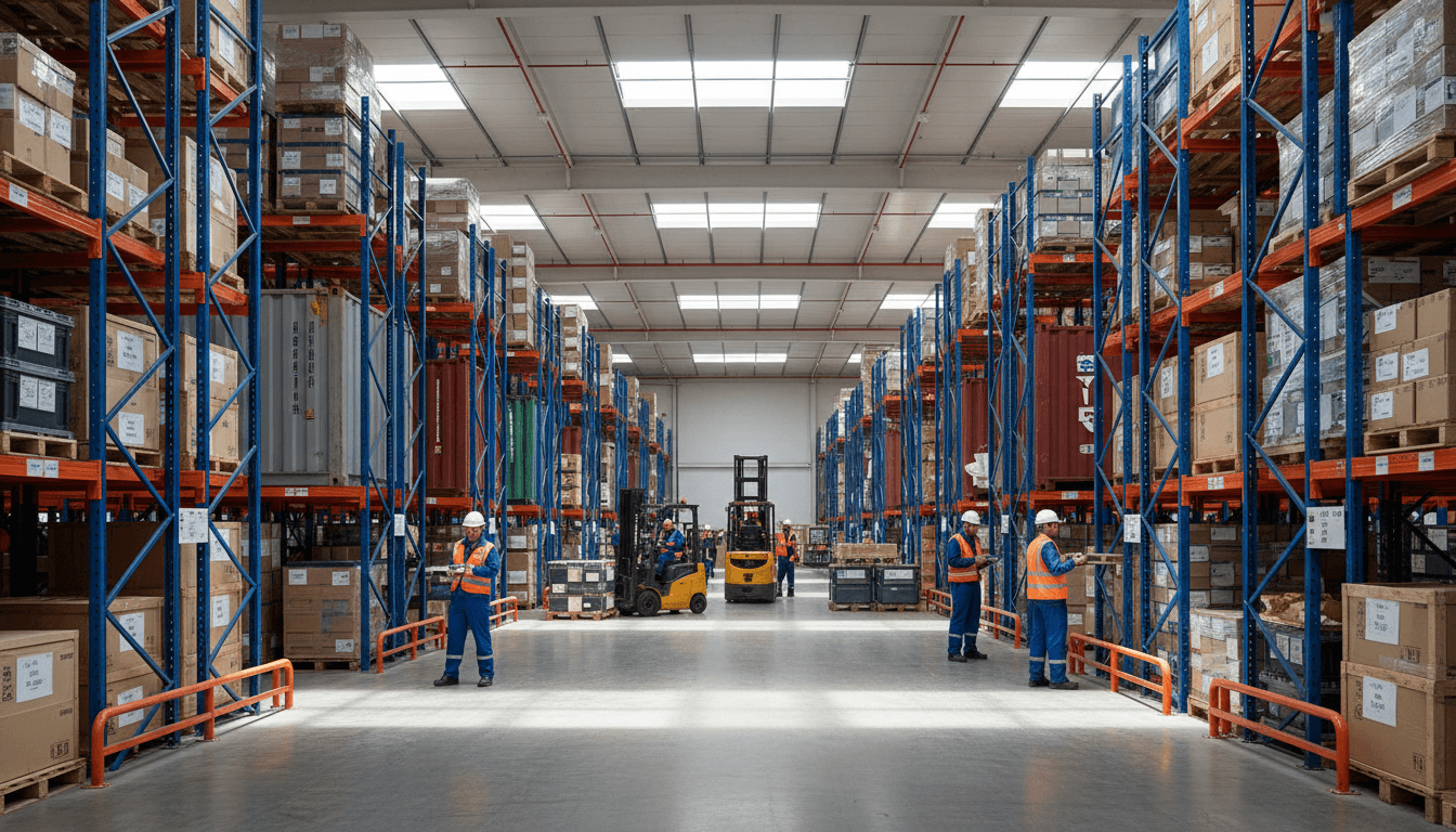 Busy industrial warehouse with organized shelving, warehouse staff in safety gear, forklifts, and labeled shipping containers under skylights