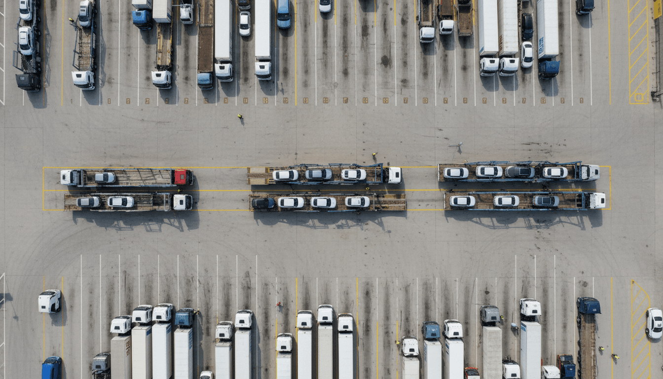 Aerial view of transportation yard with organized vehicles, carrier trailers, and loading zones