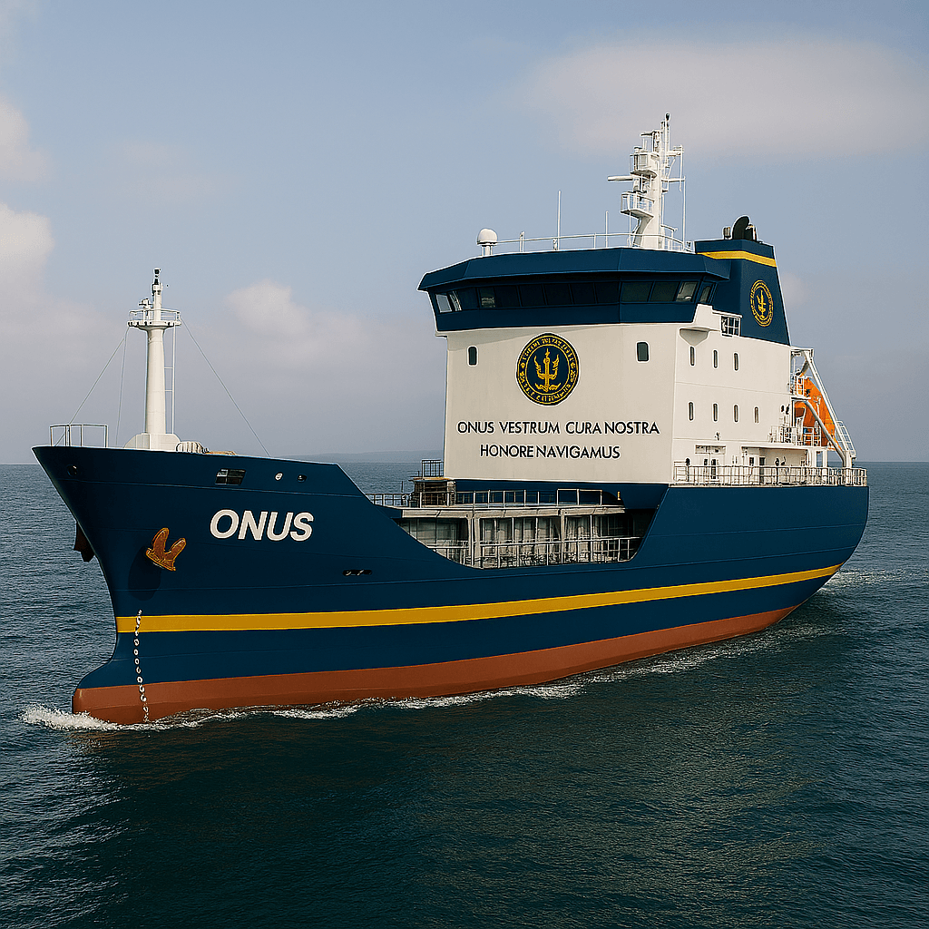 Blue and white ship named ONUS with Latin text and yellow stripe on the sea.